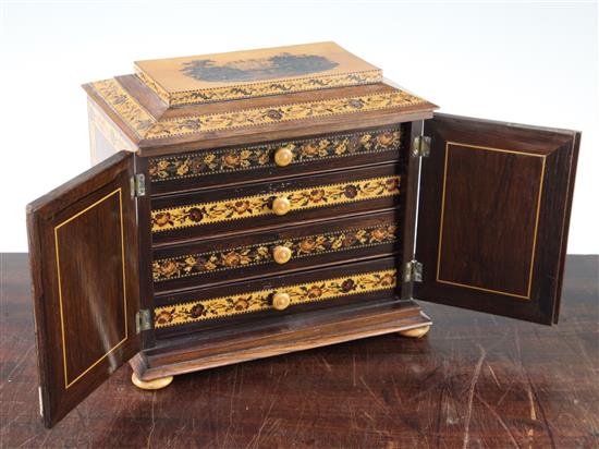 A Tunbridge ware rosewood floral mosaic jewellery cabinet, 8.5in.